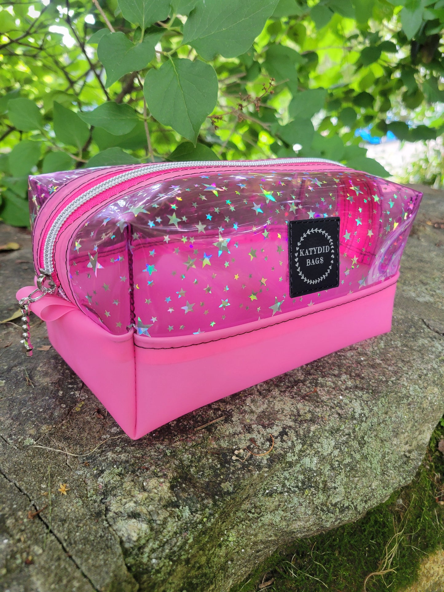 Pink stars clear vinyl boxy pouch