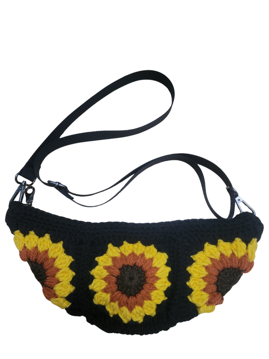 Black crocheted sunflower sling bag